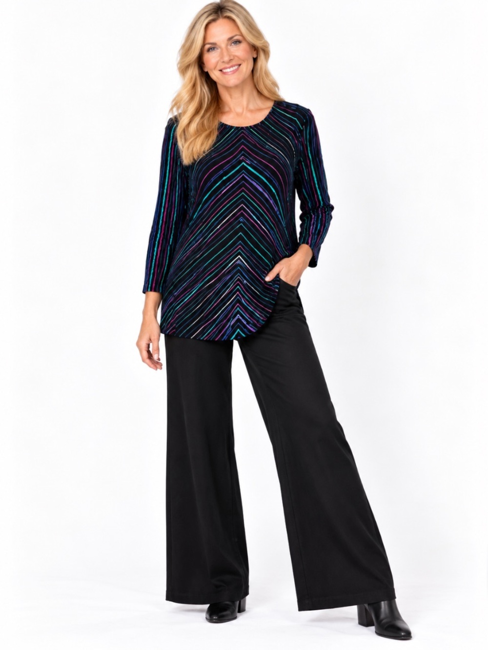 BOB MACKIE Black Tunic with Teal & Purple Stripe Accent Top Size: 2X